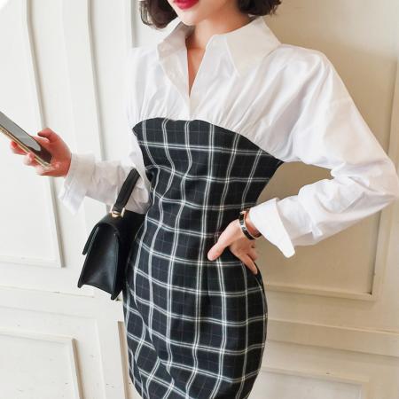BY14218# 韩版假两件拼接格子连衣裙女春秋款气质收腰显瘦衬衫领长袖包臀裙 服裝批發女裝批發服飾貨源