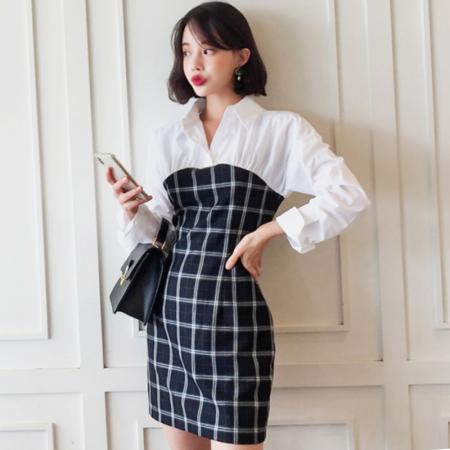 BY14218# 韩版假两件拼接格子连衣裙女春秋款气质收腰显瘦衬衫领长袖包臀裙 服裝批發女裝批發服飾貨源