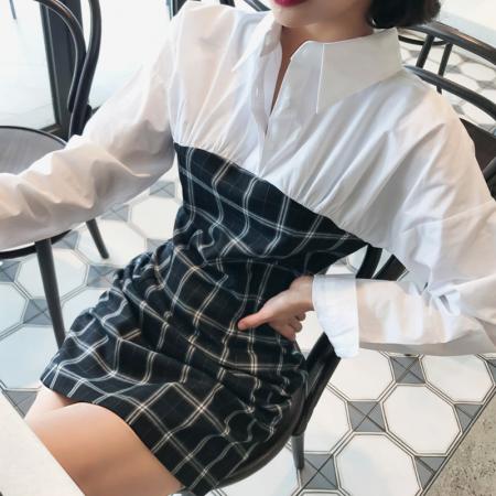 BY14218# 韩版假两件拼接格子连衣裙女春秋款气质收腰显瘦衬衫领长袖包臀裙 服裝批發女裝批發服飾貨源