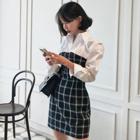 BY14218# 韩版假两件拼接格子连衣裙女春秋款气质收腰显瘦衬衫领长袖包臀裙 服裝批發女裝批發服飾貨源