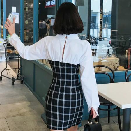 BY14218# 韩版假两件拼接格子连衣裙女春秋款气质收腰显瘦衬衫领长袖包臀裙 服裝批發女裝批發服飾貨源