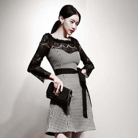 BY14219# 复古优雅风蕾丝拼接千鸟格连衣裙收腰系带显瘦气质名媛小黑裙 服裝批發女裝批發服飾貨源