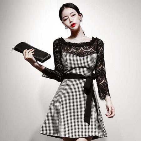 BY14219# 复古优雅风蕾丝拼接千鸟格连衣裙收腰系带显瘦气质名媛小黑裙 服裝批發女裝批發服飾貨源