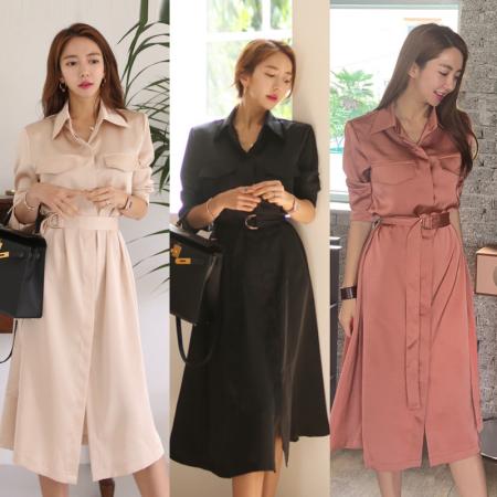 BY14220# 夏季新翻领系带收腰衬衫裙女气质通勤中长款开叉长袖连衣裙 服裝批發女裝批發服飾貨源