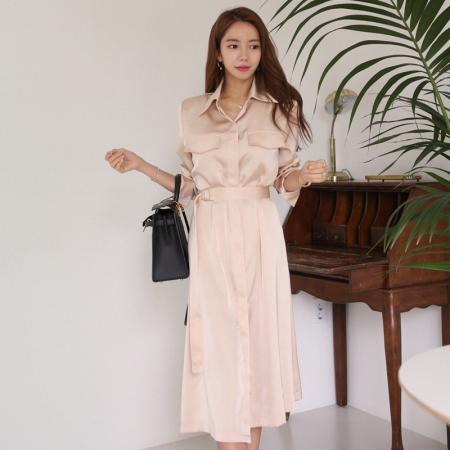 BY14220# 夏季新翻领系带收腰衬衫裙女气质通勤中长款开叉长袖连衣裙 服裝批發女裝批發服飾貨源