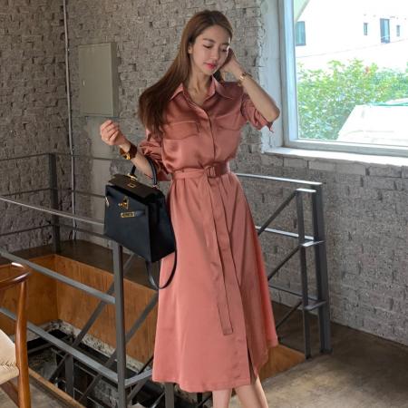 BY14220# 夏季新翻领系带收腰衬衫裙女气质通勤中长款开叉长袖连衣裙 服裝批發女裝批發服飾貨源