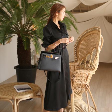 BY14220# 夏季新翻领系带收腰衬衫裙女气质通勤中长款开叉长袖连衣裙 服裝批發女裝批發服飾貨源