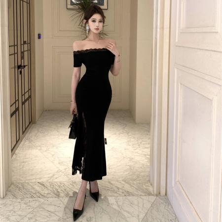 BY14222# 法式一字肩黑色连衣裙御姐蕾丝拼接修身包臀裙子长裙 服裝批發女裝批發服飾貨源