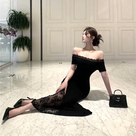 BY14222# 法式一字肩黑色连衣裙御姐蕾丝拼接修身包臀裙子长裙 服裝批發女裝批發服飾貨源