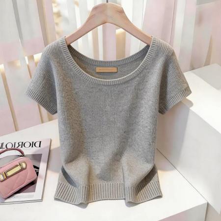 BY14225# 春夏新款女士灰色短袖针织T恤小个子修身显瘦独特漂亮短上衣 服裝批發女裝批發服飾貨源