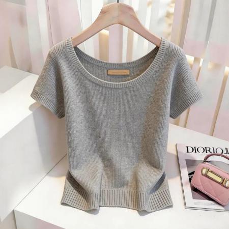 BY14225# 春夏新款女士灰色短袖针织T恤小个子修身显瘦独特漂亮短上衣 服裝批發女裝批發服飾貨源