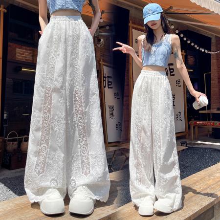 BY14227# 刺绣镂空阔腿裤设计感高腰显瘦松紧腰荷叶边裤脚垂感休闲裤 服裝批發女裝批發服飾貨源