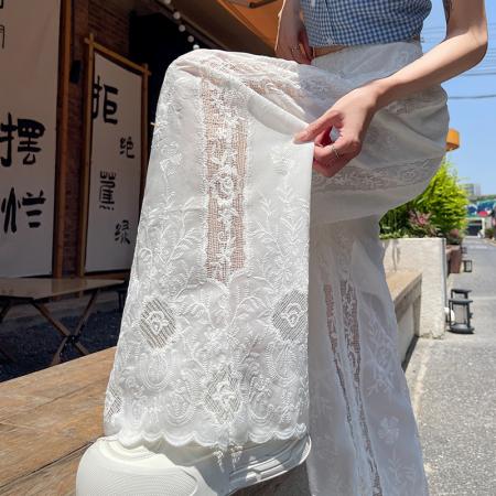 BY14227# 刺绣镂空阔腿裤设计感高腰显瘦松紧腰荷叶边裤脚垂感休闲裤 服裝批發女裝批發服飾貨源