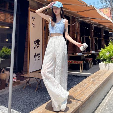 BY14227# 刺绣镂空阔腿裤设计感高腰显瘦松紧腰荷叶边裤脚垂感休闲裤 服裝批發女裝批發服飾貨源