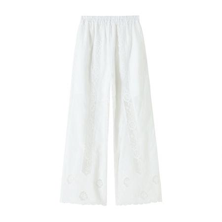 BY14227# 刺绣镂空阔腿裤设计感高腰显瘦松紧腰荷叶边裤脚垂感休闲裤 服裝批發女裝批發服飾貨源