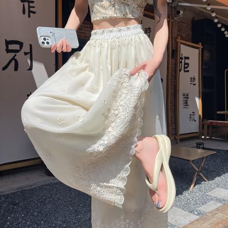 BY14228# 刺绣镂空阔腿裤高腰显瘦松紧腰荷叶边裤脚垂感九分裤休闲裤 服裝批發女裝批發服飾貨源