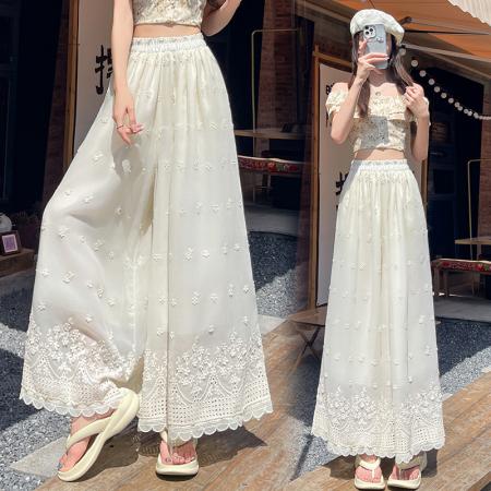 BY14228# 刺绣镂空阔腿裤高腰显瘦松紧腰荷叶边裤脚垂感九分裤休闲裤 服裝批發女裝批發服飾貨源