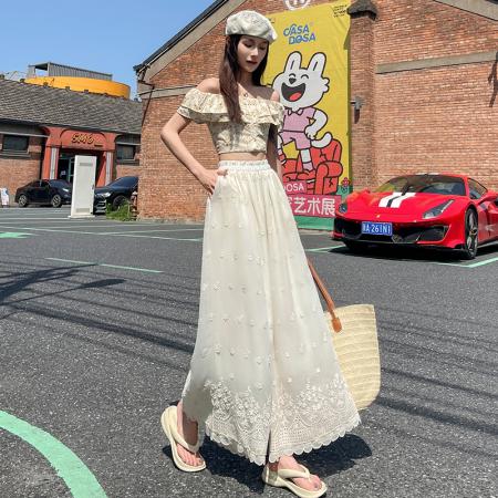 BY14228# 刺绣镂空阔腿裤高腰显瘦松紧腰荷叶边裤脚垂感九分裤休闲裤 服裝批發女裝批發服飾貨源