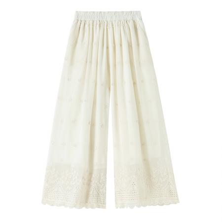 BY14228# 刺绣镂空阔腿裤高腰显瘦松紧腰荷叶边裤脚垂感九分裤休闲裤 服裝批發女裝批發服飾貨源