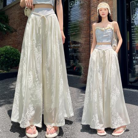 BY14229# 刺绣设计感阔腿裤高腰显瘦松紧腰绑带垂感国风休闲裤 服裝批發女裝批發服飾貨源