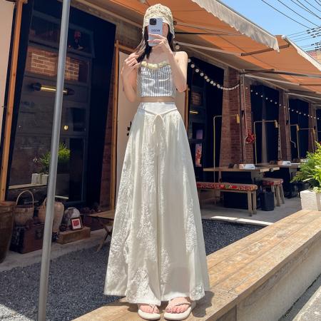 BY14229# 刺绣设计感阔腿裤高腰显瘦松紧腰绑带垂感国风休闲裤 服裝批發女裝批發服飾貨源