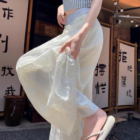 BY14229# 刺绣设计感阔腿裤高腰显瘦松紧腰绑带垂感国风休闲裤 服裝批發女裝批發服飾貨源