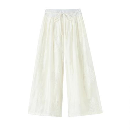 BY14229# 刺绣设计感阔腿裤高腰显瘦松紧腰绑带垂感国风休闲裤 服裝批發女裝批發服飾貨源