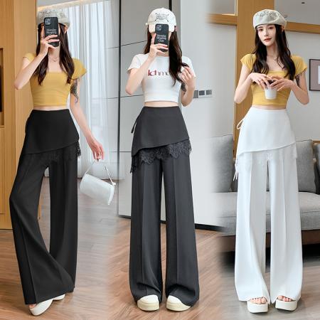BY14230# 假两件蕾丝拼接屁帘阔腿裤女夏季高腰显瘦西装休闲直筒拖地裤 服裝批發女裝批發服飾貨源