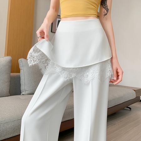 BY14230# 假两件蕾丝拼接屁帘阔腿裤女夏季高腰显瘦西装休闲直筒拖地裤 服裝批發女裝批發服飾貨源