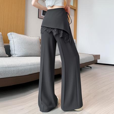 BY14230# 假两件蕾丝拼接屁帘阔腿裤女夏季高腰显瘦西装休闲直筒拖地裤 服裝批發女裝批發服飾貨源
