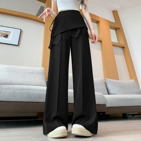 BY14230# 假两件蕾丝拼接屁帘阔腿裤女夏季高腰显瘦西装休闲直筒拖地裤 服裝批發女裝批發服飾貨源