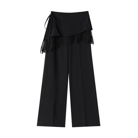 BY14230# 假两件蕾丝拼接屁帘阔腿裤女夏季高腰显瘦西装休闲直筒拖地裤 服裝批發女裝批發服飾貨源