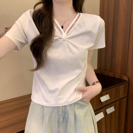 BY14231# 夏季新款设计感小众打结V领修身显瘦百搭套头短袖T恤上衣 服裝批發女裝批發服飾貨源