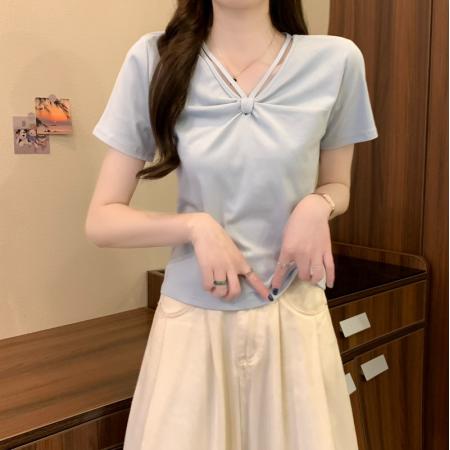 BY14231# 夏季新款设计感小众打结V领修身显瘦百搭套头短袖T恤上衣 服裝批發女裝批發服飾貨源