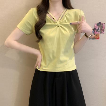 BY14231# 夏季新款设计感小众打结V领修身显瘦百搭套头短袖T恤上衣 服裝批發女裝批發服飾貨源