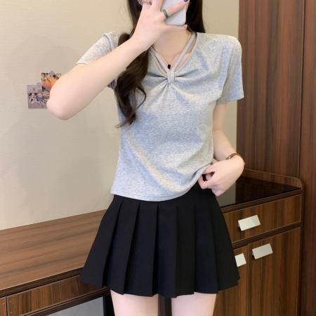 BY14231# 夏季新款设计感小众打结V领修身显瘦百搭套头短袖T恤上衣 服裝批發女裝批發服飾貨源