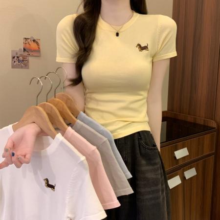 BY14232# 夏季新款韩系简约圆领腊肠狗软糯纯色百搭短袖针织上衣 服裝批發女裝批發服飾貨源