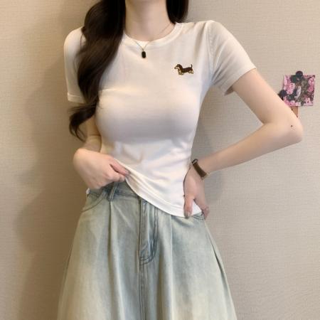 BY14232# 夏季新款韩系简约圆领腊肠狗软糯纯色百搭短袖针织上衣 服裝批發女裝批發服飾貨源