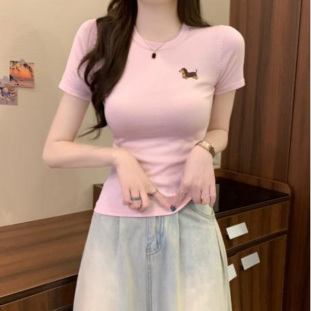 BY14232# 夏季新款韩系简约圆领腊肠狗软糯纯色百搭短袖针织上衣 服裝批發女裝批發服飾貨源