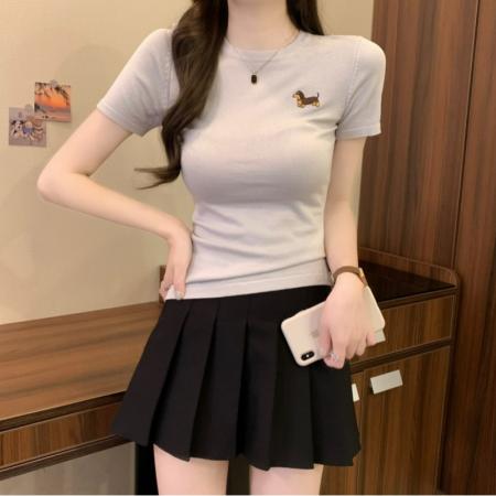 BY14232# 夏季新款韩系简约圆领腊肠狗软糯纯色百搭短袖针织上衣 服裝批發女裝批發服飾貨源