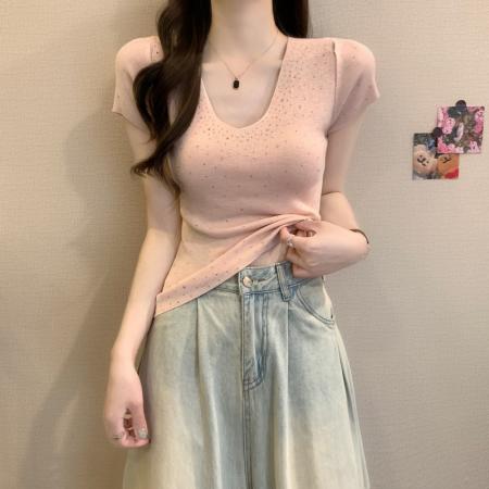 BY14233# 春夏新款设计感小众烫钻修身显瘦气质温柔纯欲针织上衣 服裝批發女裝批發服飾貨源