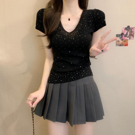 BY14233# 春夏新款设计感小众烫钻修身显瘦气质温柔纯欲针织上衣 服裝批發女裝批發服飾貨源