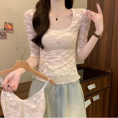 BY14234# 春夏新款韩系蕾丝碎花纯欲甜辣修身显瘦百搭气质上衣 服裝批發女裝批發服飾貨源