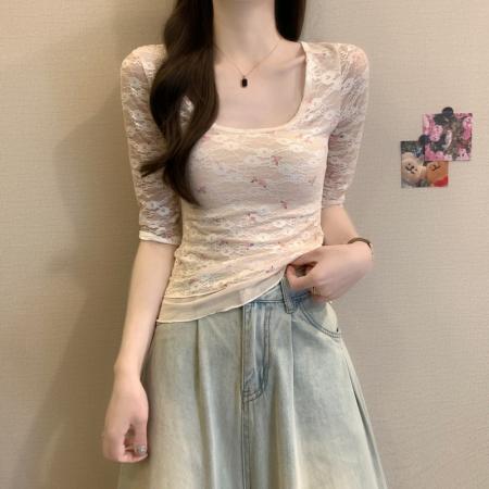 BY14234# 春夏新款韩系蕾丝碎花纯欲甜辣修身显瘦百搭气质上衣 服裝批發女裝批發服飾貨源