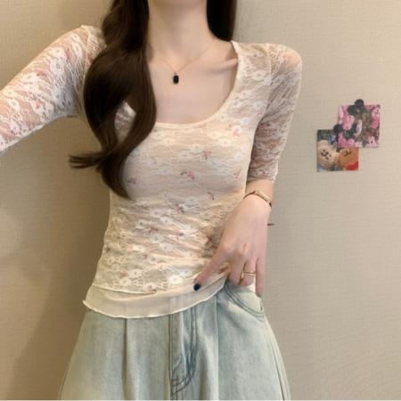 BY14234# 春夏新款韩系蕾丝碎花纯欲甜辣修身显瘦百搭气质上衣 服裝批發女裝批發服飾貨源