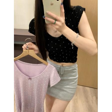 BY14236# 夏季新款波点设计感小众蝴蝶结甜美时尚简约百搭短袖T恤 服裝批發女裝批發服飾貨源