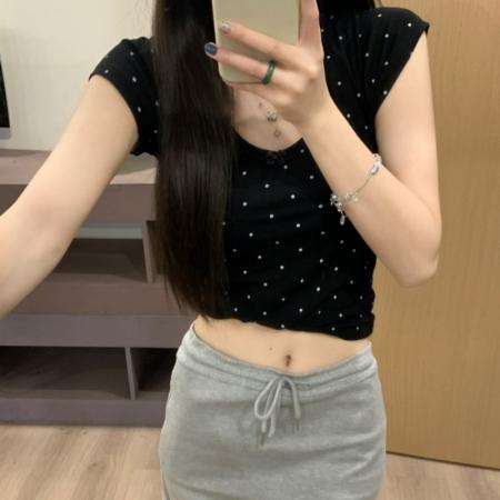 BY14236# 夏季新款波点设计感小众蝴蝶结甜美时尚简约百搭短袖T恤 服裝批發女裝批發服飾貨源