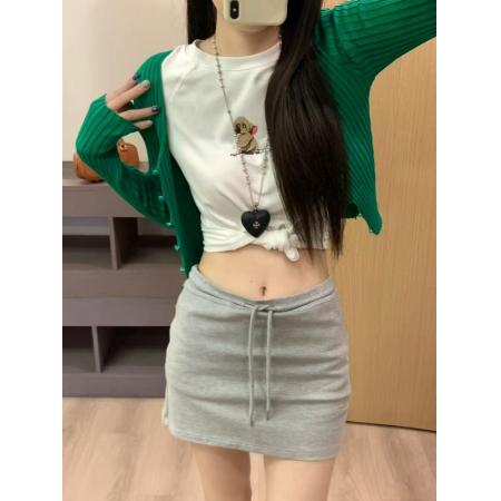 BY14237# 设计感印花小狗短袖外搭韩系显白修身针织开衫两件套 服裝批發女裝批發服飾貨源