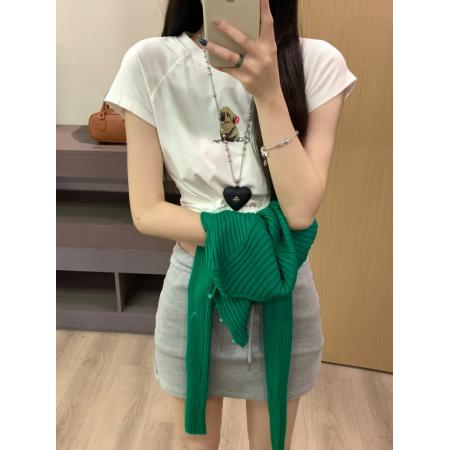 BY14237# 设计感印花小狗短袖外搭韩系显白修身针织开衫两件套 服裝批發女裝批發服飾貨源