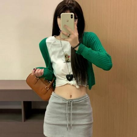 BY14237# 设计感印花小狗短袖外搭韩系显白修身针织开衫两件套 服裝批發女裝批發服飾貨源